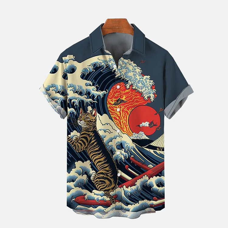 Ukiyo-E Ocelot Wave Surf Print Short-Sleeved Shirt