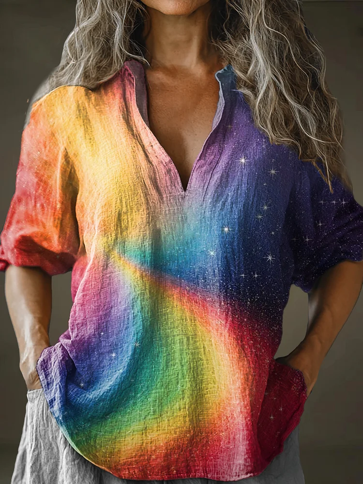 Women's Rainbow Abstract Art Pattern Print Long Sleeve Comfortable Cotton And Linen Shirt