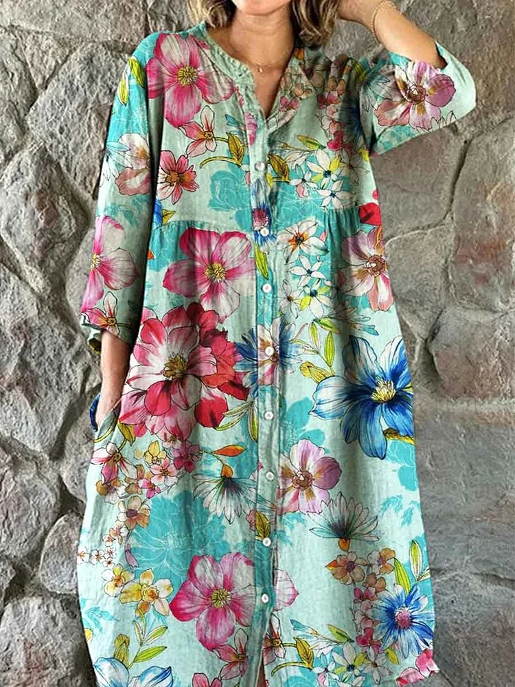 Women's Shirt Style Elegant Simple Floral Pattern Cotton And Linen Dress With Pockets