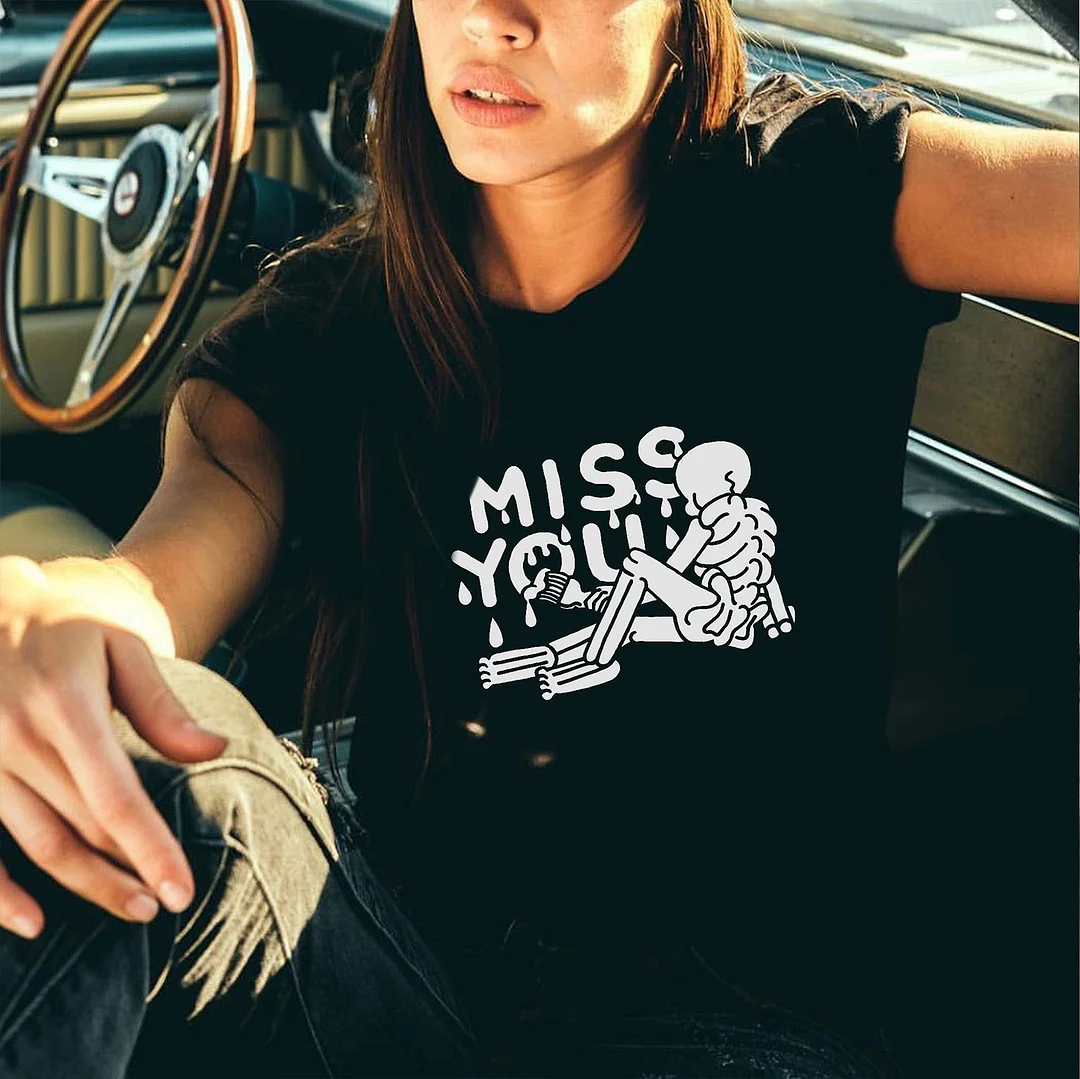 MISS YOU Lonely Skull Graphic Casual  Black Print T-shirt