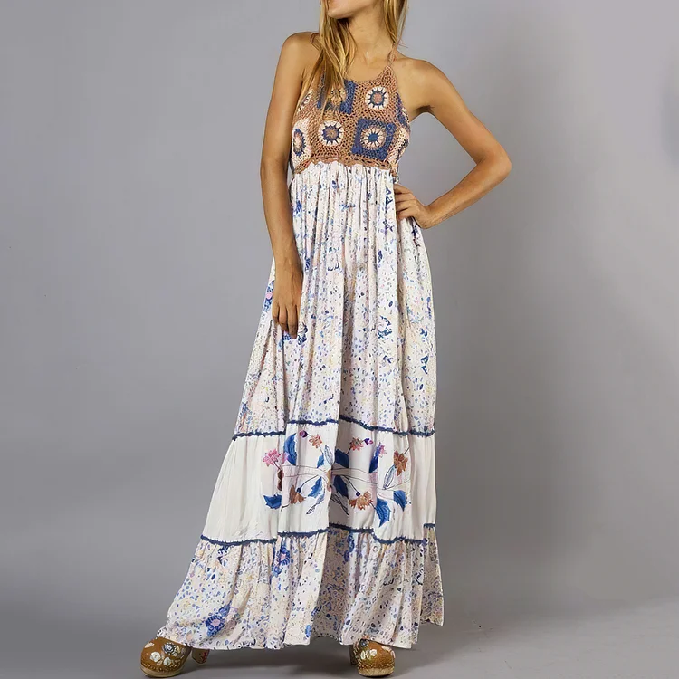 Simpfit Maxikleid im Resort-Stil mit Häkel-Patchwork-Blumendruck