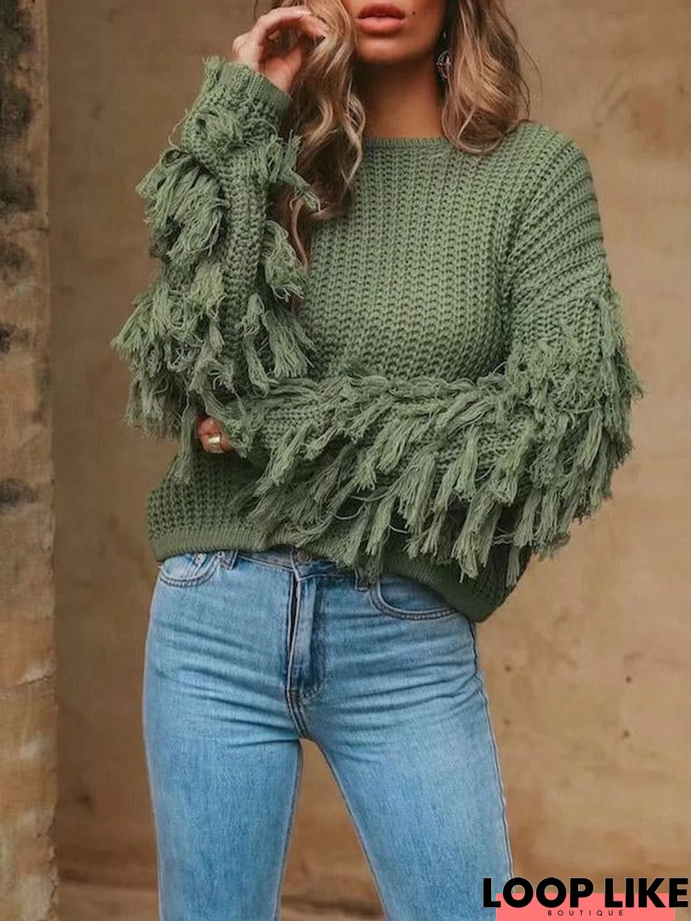 Round-Neck Long Sleeves Tassels Sweater Tops