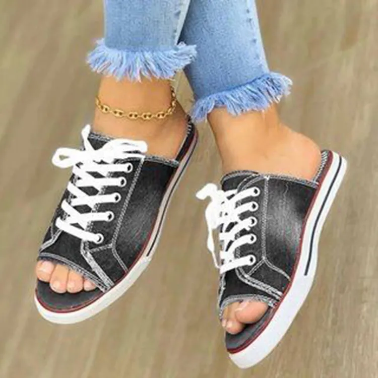 Breakj Breakj Big Goods Have Come Out Of The New 2023 Summer Canvas Korean Version Of Women's Cool Drag One-Word Drag Heel Sandals Denim Shoes