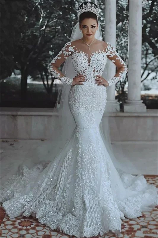 Bellasprom Mermaid Wedding Dress With Lace Appliques Long Sleeves