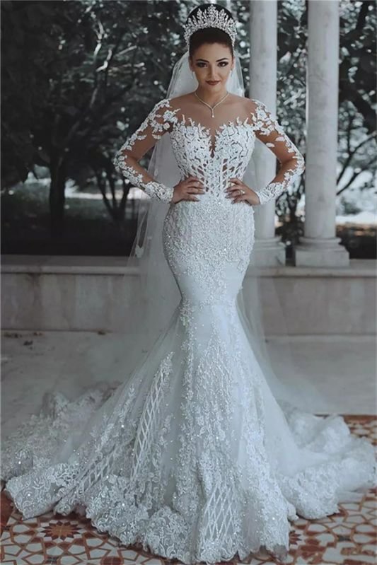 Wunderschönes Meerjungfrau Hochzeitskleid mit langen Ärmeln und Spitzenapplikationen PD0941 Lunass