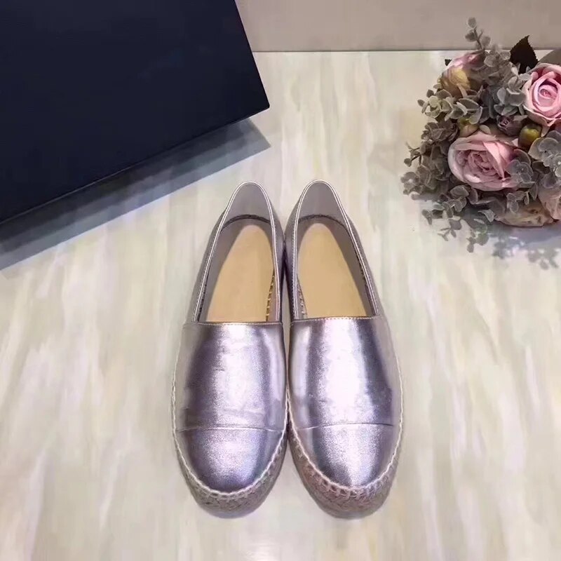 TAAFO Cap Toe Espadrilles Straw Flats Golden Silver Navy Blue Famous Ladies Shoes Soft Vegan Leather Casual