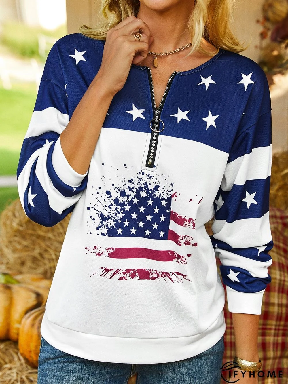 Casual Hippie Stars Zipper Flag Printed Round Neck Sweatshirt | IFYHOME