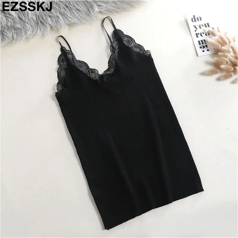 Sexy basic lace camisole Summer knit Tank top Women Adjustable strap camisole female camis  High Elasticity top casual