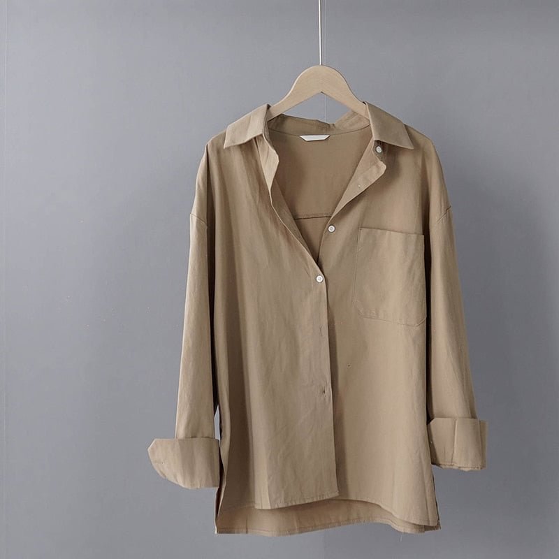 Lizkova 100% Cotton White Blouse Women Japenese Oversized Shirt 2021 Lapel Long Sleeve Ladies Casual Tops 8887