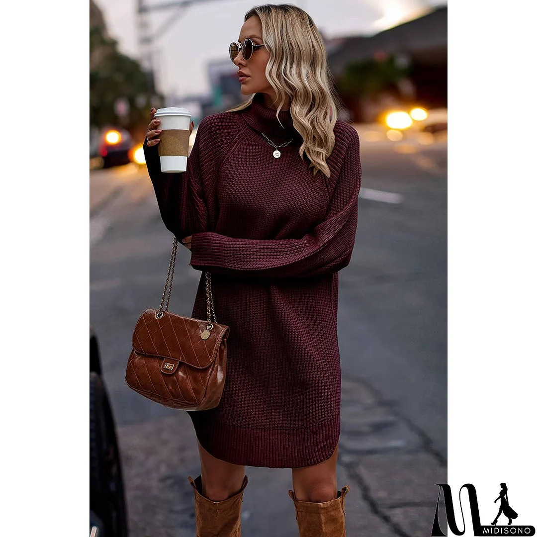 MidiSono - Thick Knit Roll Neck Solid Loose Fit Sweater Dress