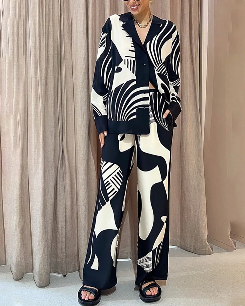 Black and white printed lapel loose two-piece set