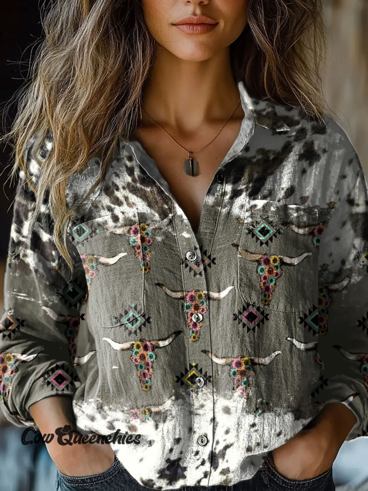 Women’s Cow Texture Aztec Art Print Casual Long Sleeve Comfortable Cotton Shirt Multicolor / S
