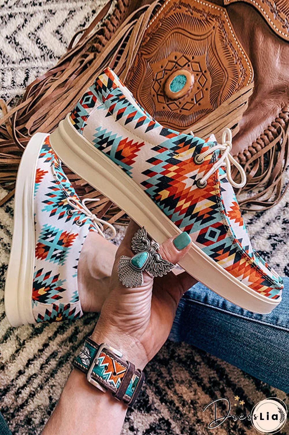 Aztec Lace-Up Canvas Flat Sneakers