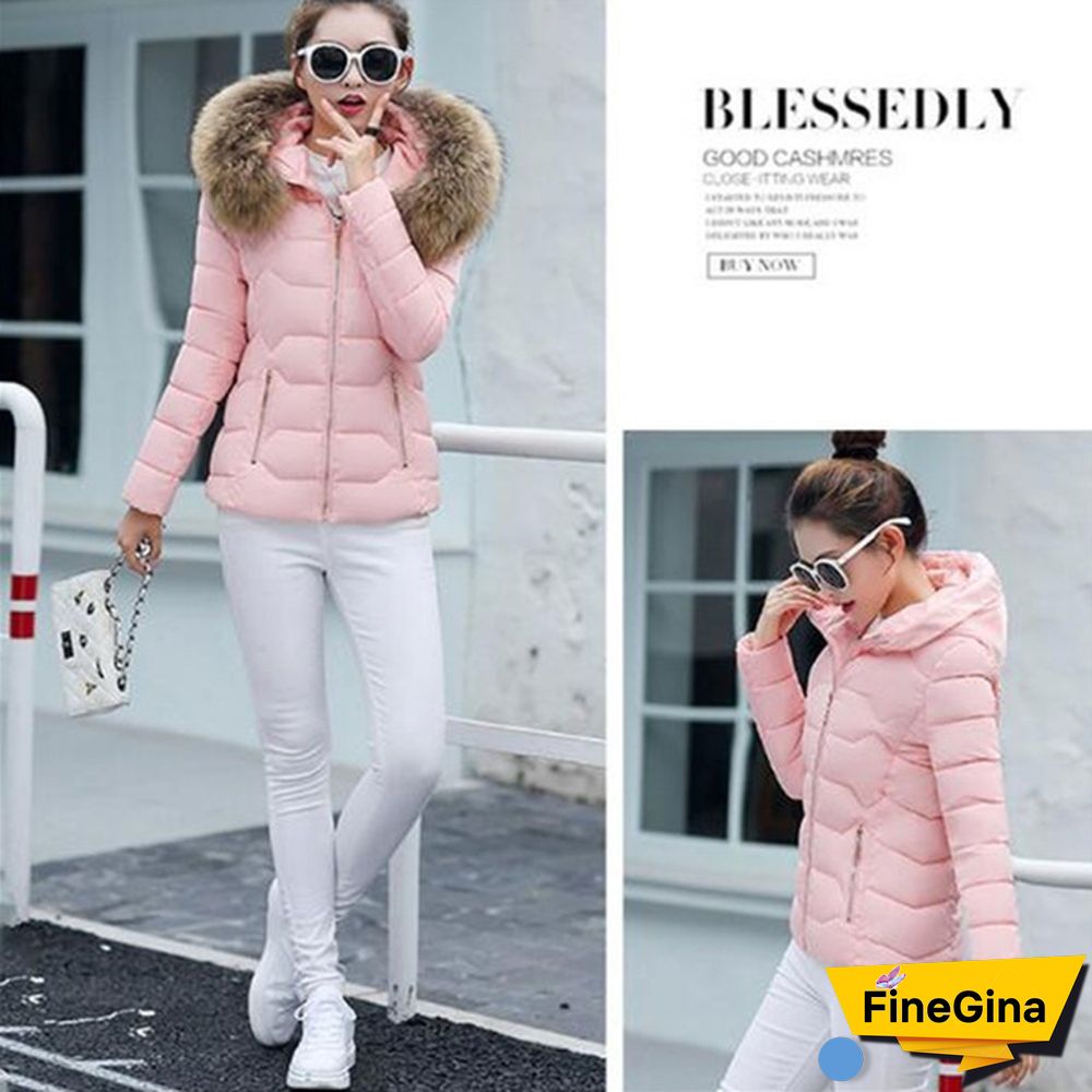 Women Autumn Winter New Fashion Short Coat Cotton-padded Jacket Large Size Hooded Jacket Warm Cotton Female Fur Collar Hoody Parka XS-XXXL