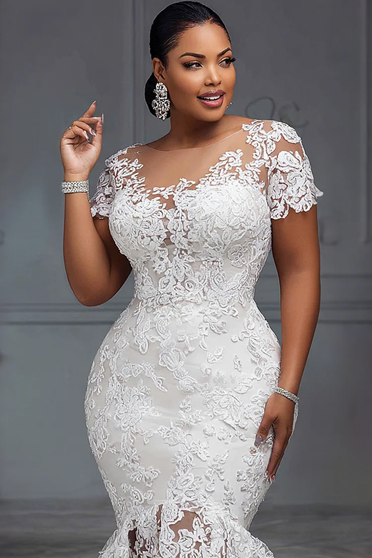 Xpluswear Design Plus Size Wedding White Round Neck Short Sleeve Bodycon High Low Hem Guipure Lace Midi Dresses [Pre-Order]