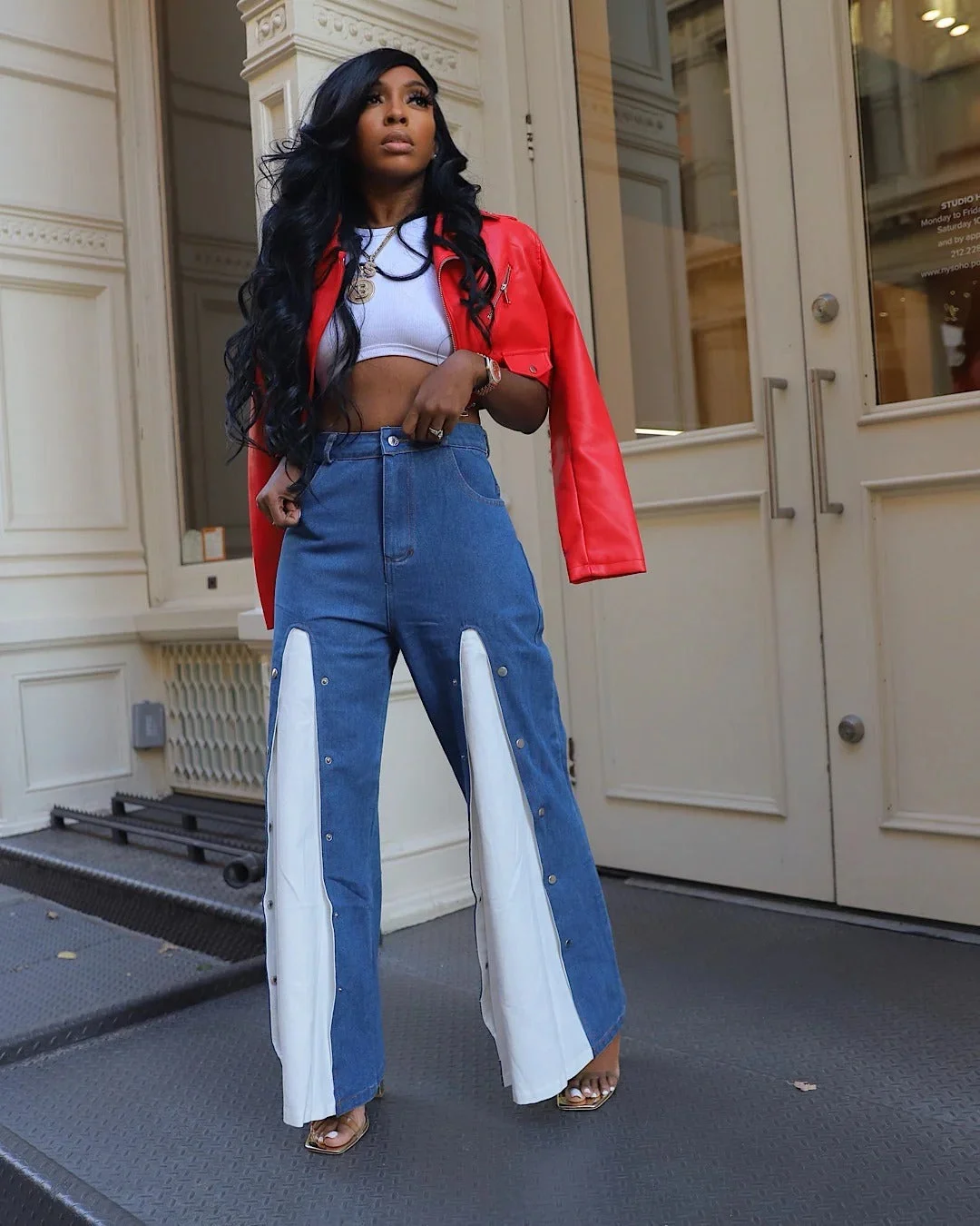 Rockeverystyle Fashion Stitching Contrasting Casual Wide-leg Jeans