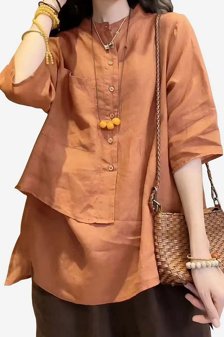 Linen Stand Collar Three Quarter Sleeve Asymmetric Button Up Slit Hemline Casual Blouse