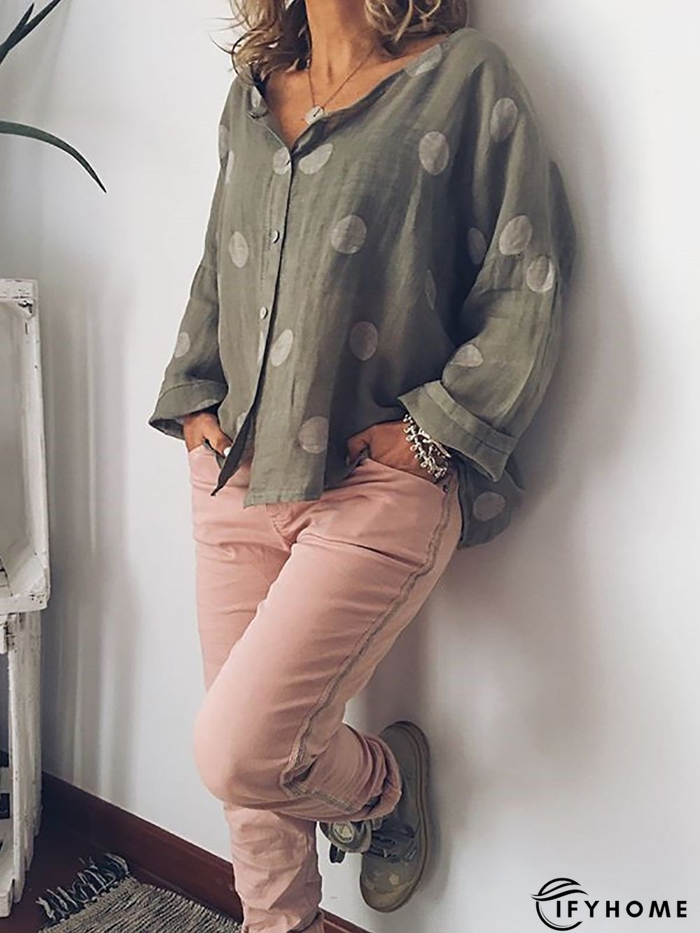 Women Polka Dots Buttoned Long Sleeve Casual Top | IFYHOME