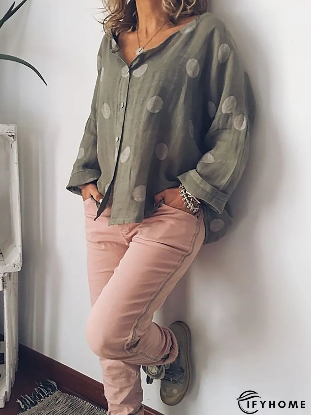 Women Polka Dots Buttoned Long Sleeve Casual Top | IFYHOME