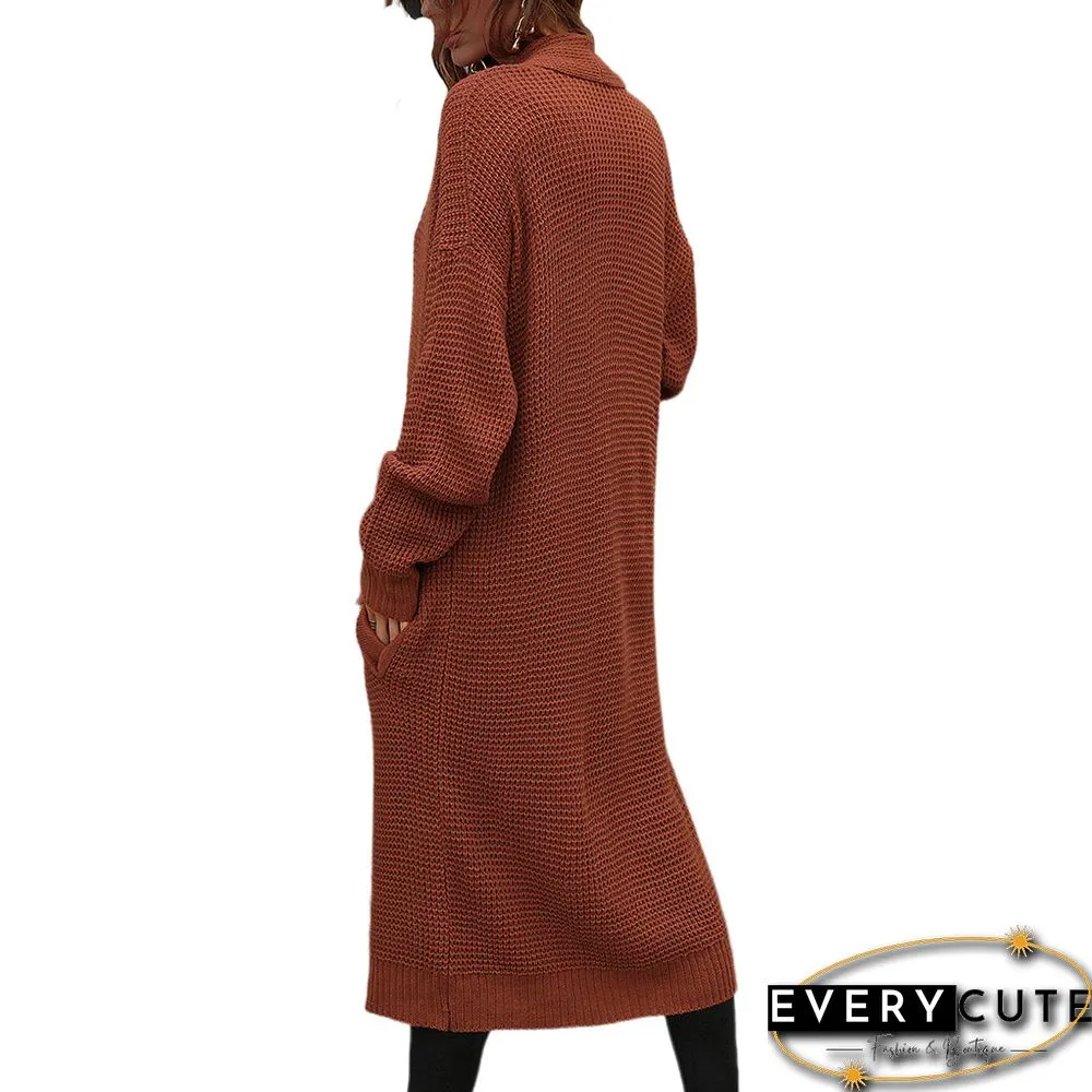 Rust Red Knit Pocket Open Front Long Cardigan