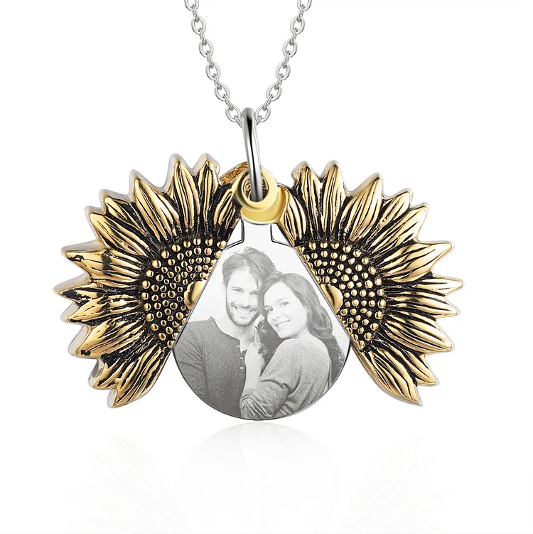 Personalized Open Locket Sunflower Photo Necklace With Engraving "You Are My Sunshine"