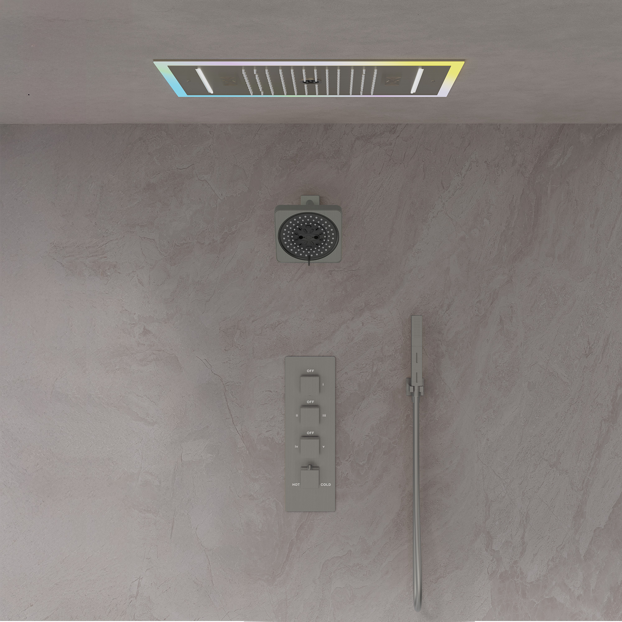 25 in. 3-Spray Ceiling Mount Thermostatic LED Music Dual Fixed and Handheld Shower Head 2.5 GPM in Brushed Nickel