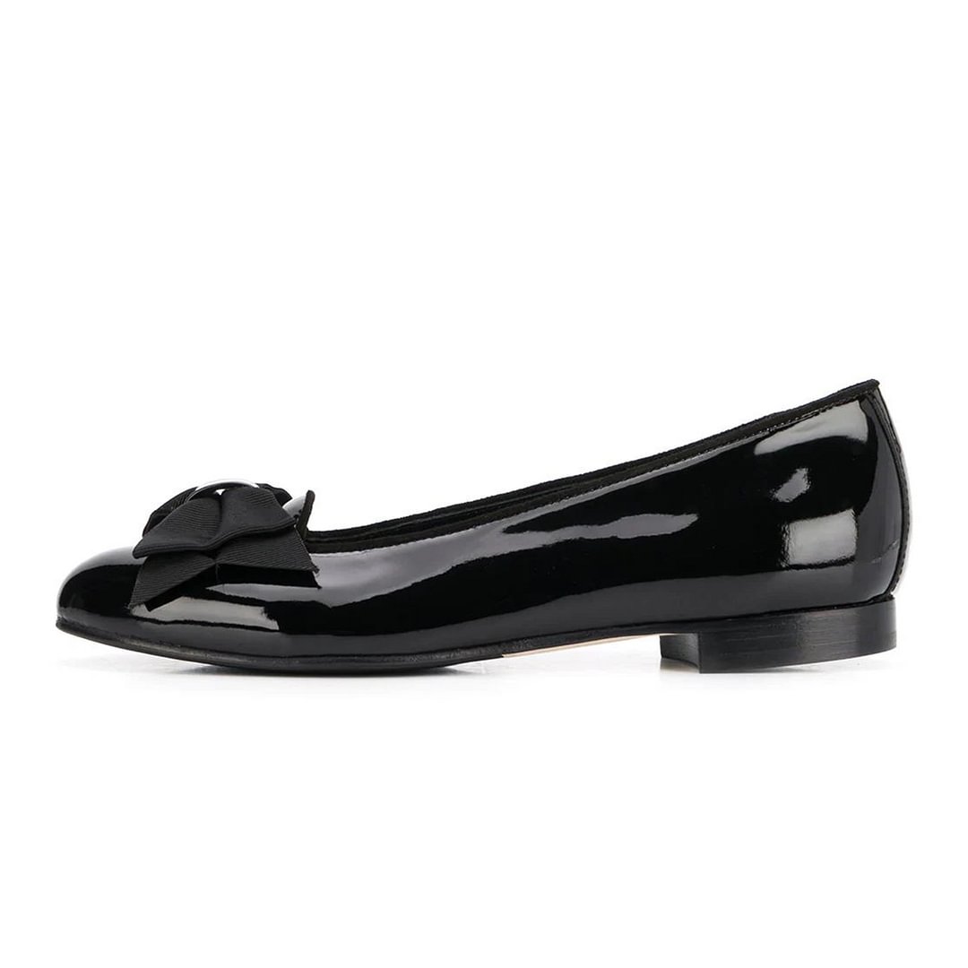 Black Patent Leather Round Toe Slip On Ballet Flats with Bow