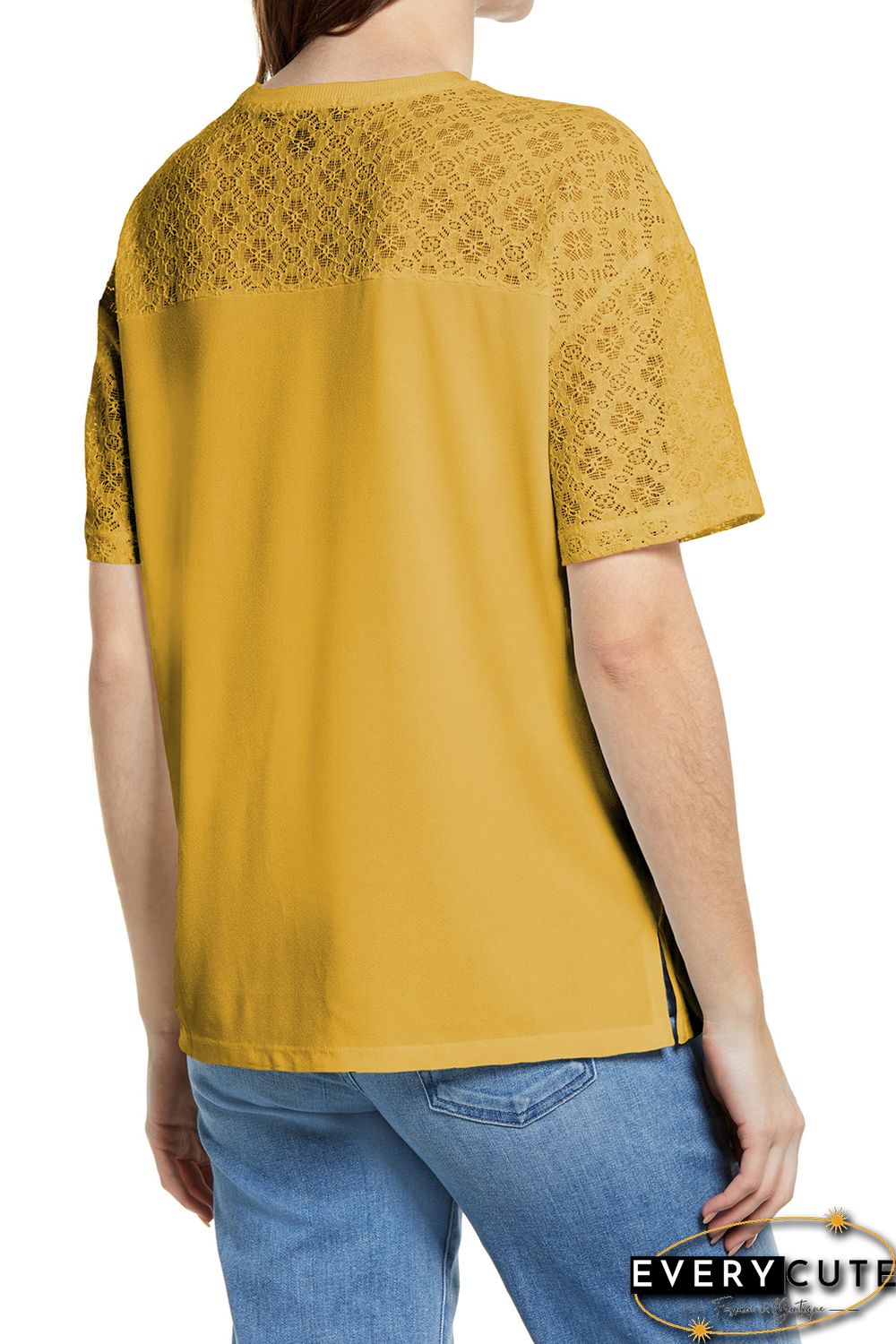 Yellow Plain Lace Stitching Short Sleeve Tee