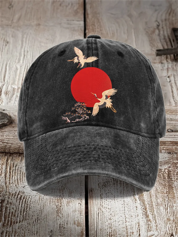 Cranes Sunrise Japanese Art Washed Cap