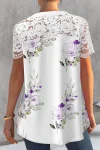 Plus Size Floral Print Lace Stitching Short Sleeve Button Up Blouse