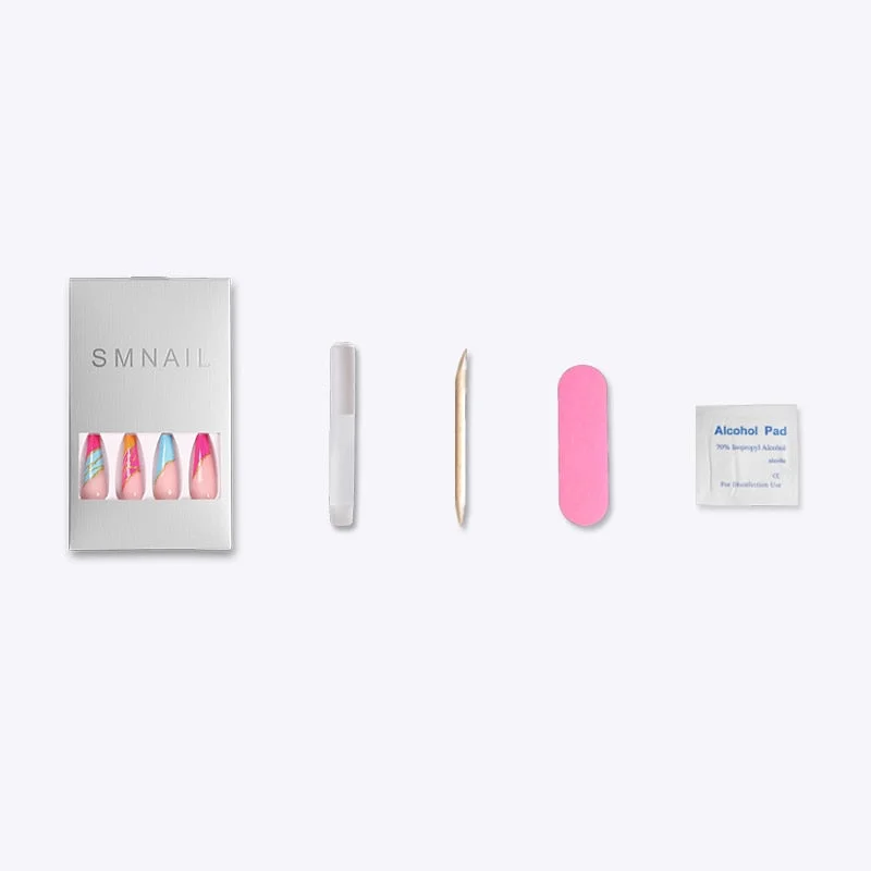 24pcs/box fake nails with glue designed colourful Gold thread rainbow paragraph press on nails coffin girls nail tips stick-on-Nail Inspo