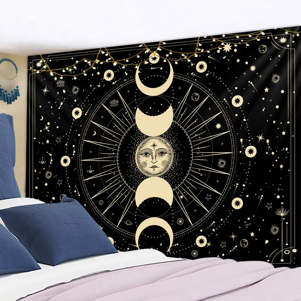 Golden Sun Moon Tapestry Wall Hanging Indian Mandala Boho Printed Psychedelic Tapiz Witchcraft Wall Cloth Tapestries