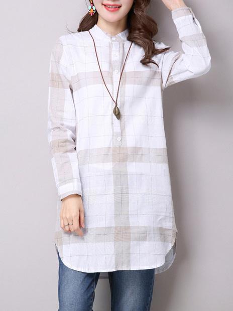 Long Sleeve Women Linen Cotton Plaid Casual Shirt