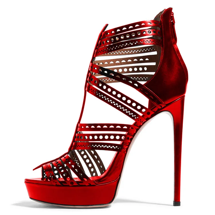 Red Geometry Pattern Hollow out Stiletto Heel Platform Sandals |FSJ Shoes