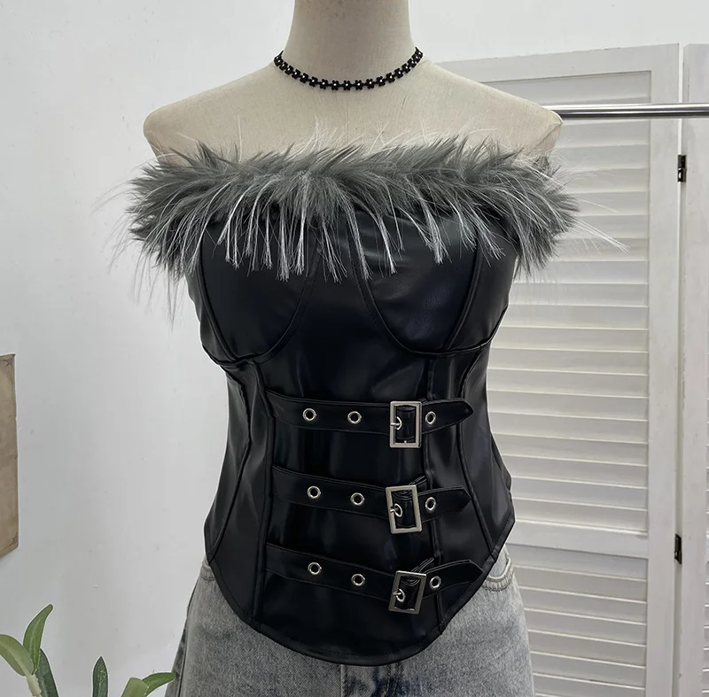 Nigikala Nigikala Shooting Retro Pu Skin Spliced Hair Bra Bra Strap Chest Punk Hottie Skin Buckle Waist Short Top 2781