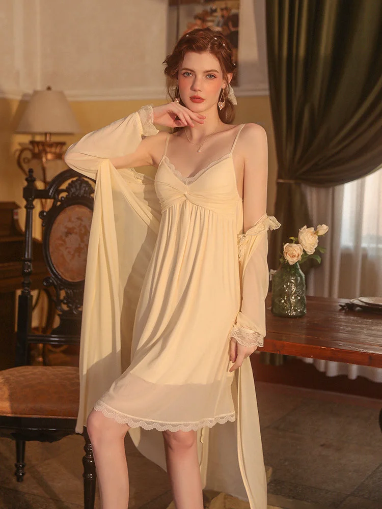 Elegant Lace Long Sleeves Beige Two-Piece Slip Dress & Robe Set