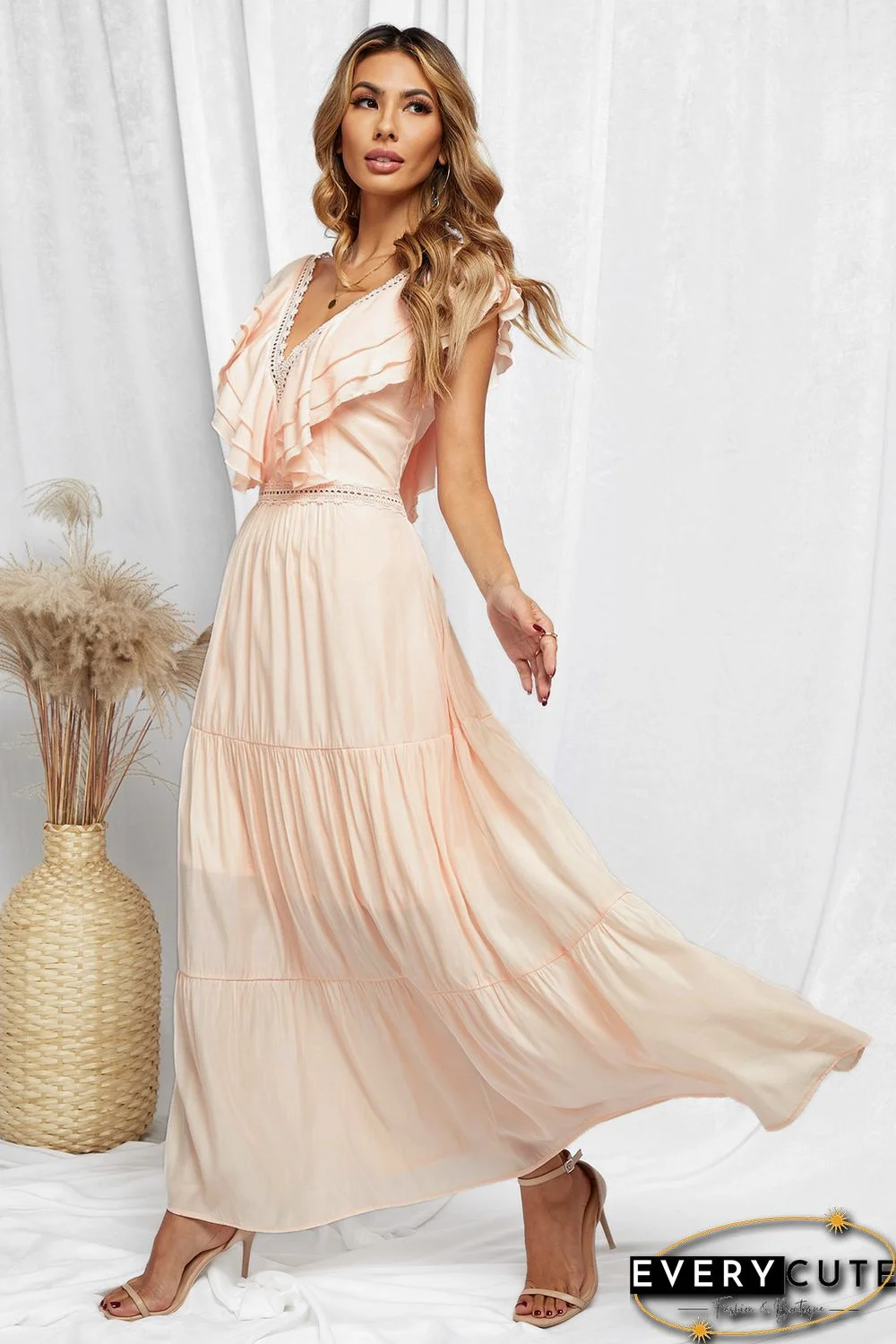 Pink Lace Splicing Ruffled Deep V Neck Maxi Dress