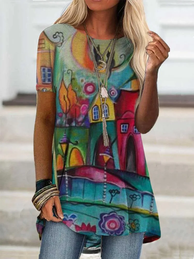 Women's Fashion Short Sleeve Floral Printed Stitching T-shirt