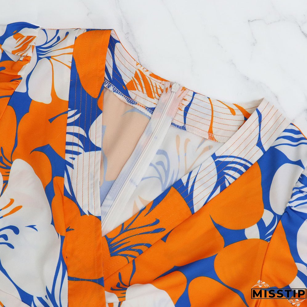 Women Elegant Printed V-Neck Puff Sleeve Patchwork Maxi Dress