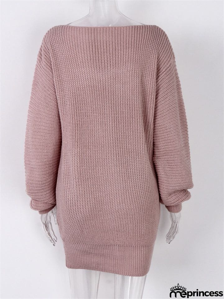 Comfortable Pullover Off-The-Shoulder Casual Loose Knit Sweater Mini Dress