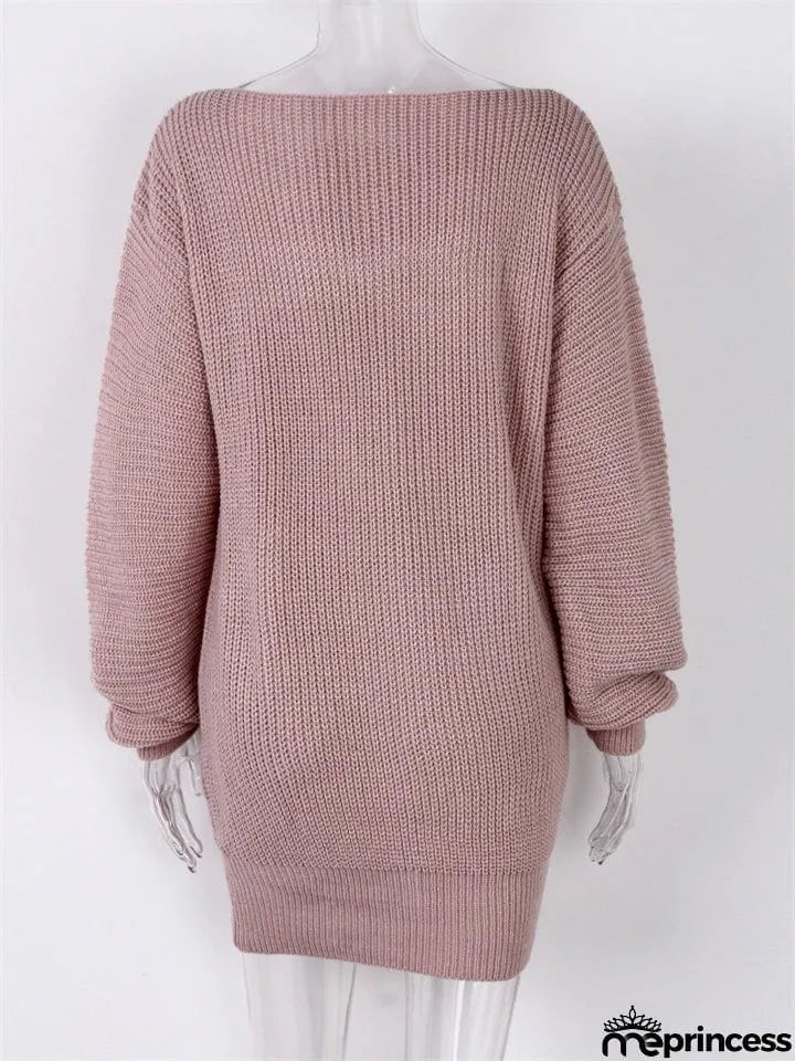 Comfortable Pullover Off-The-Shoulder Casual Loose Knit Sweater Mini Dress
