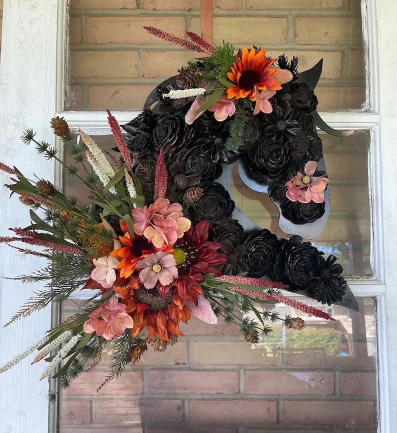 Friesian Black Wood Flower Horse Head Wall Art or Door Hanger -