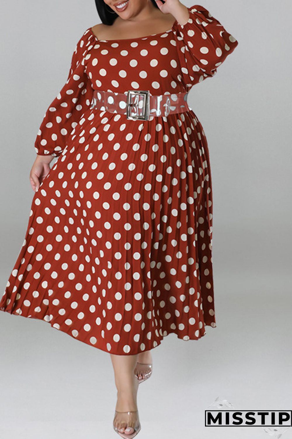 Black Casual Dot Print Patchwork Backless O Neck Long Sleeve Plus Size Dresses (Without Belt)