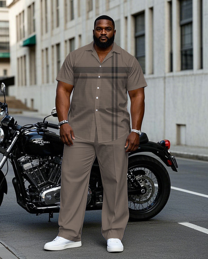 Men's Plus Size Business Brown Color Block Short Sleeve Shirt Trousers Suit