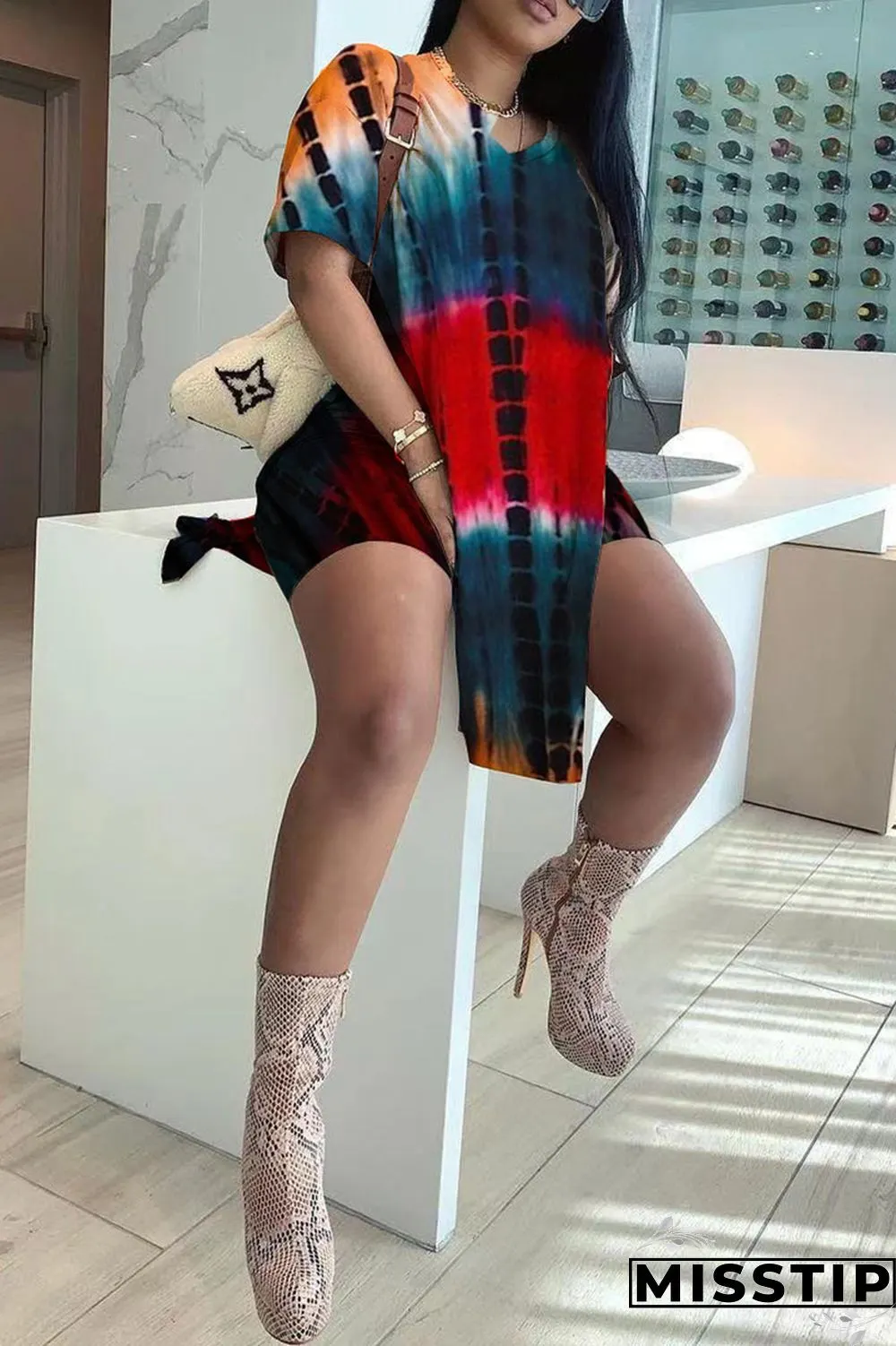 Orange Fashion Casual Print Tie Dye Slit V Neck Short Sleeve Two Pieces