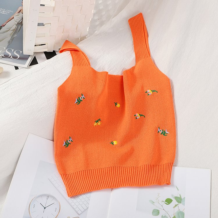 Pearl Diary Knitted Tank Tops Summer Floral Embroidery Crop Top Sleeveless Short Tank Top Femme Knitting Sweet Short Crop Top - Life is Beautiful for You - SheChoic