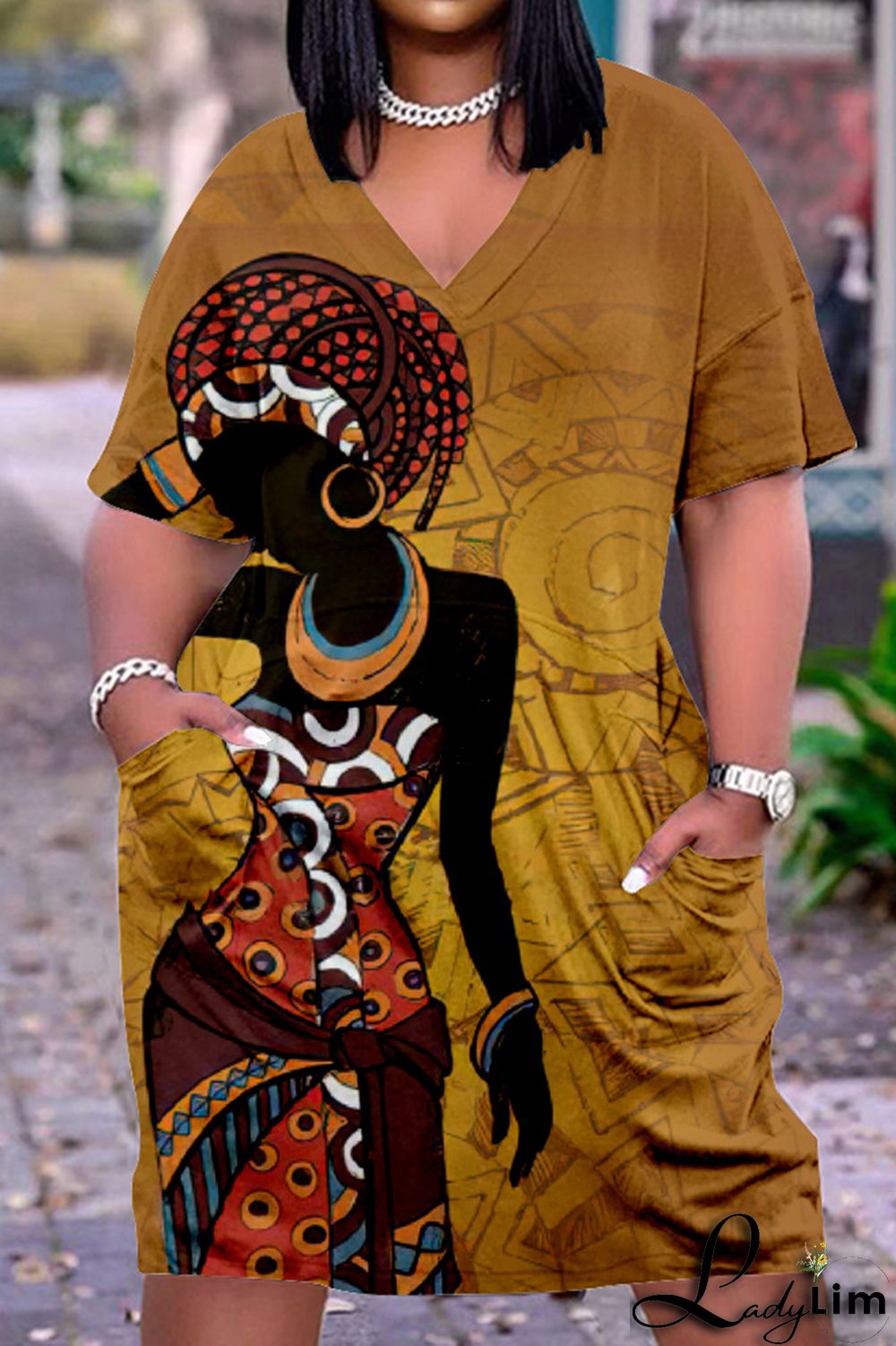 Green Yellow Fashion Casual Print Basic V Neck Short Sleeve Dress