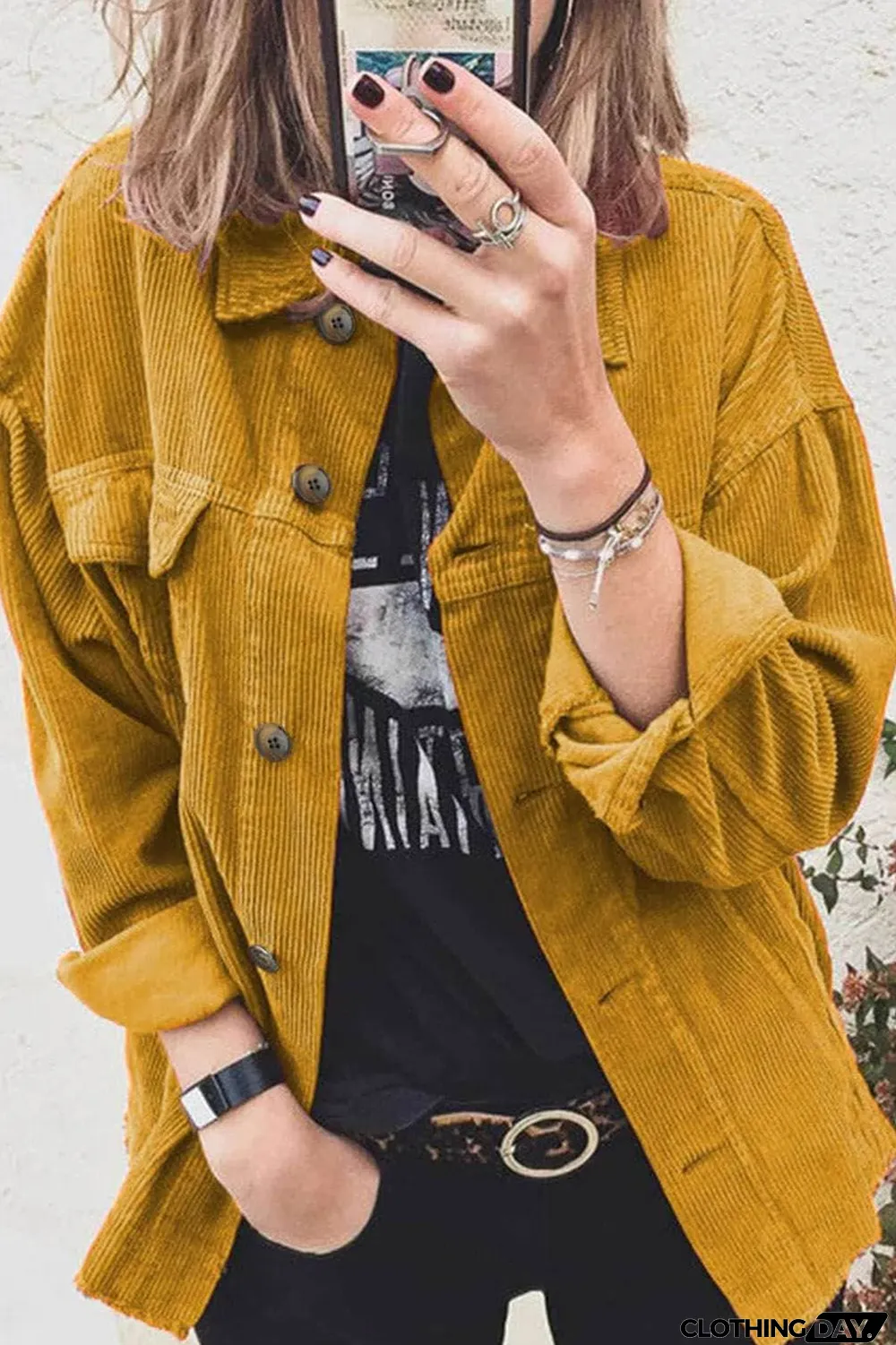 Yellow Corduroy Long Sleeve Button-up Shirt Coat