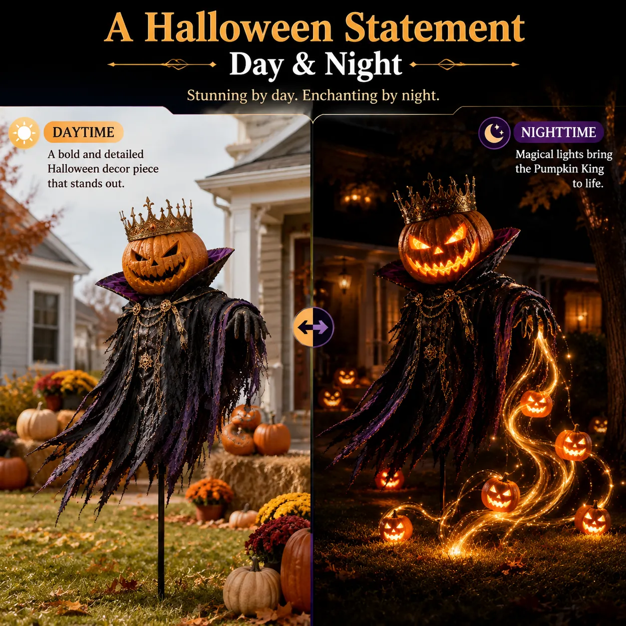 Pumpkin King Halloween decoration day and night comparison