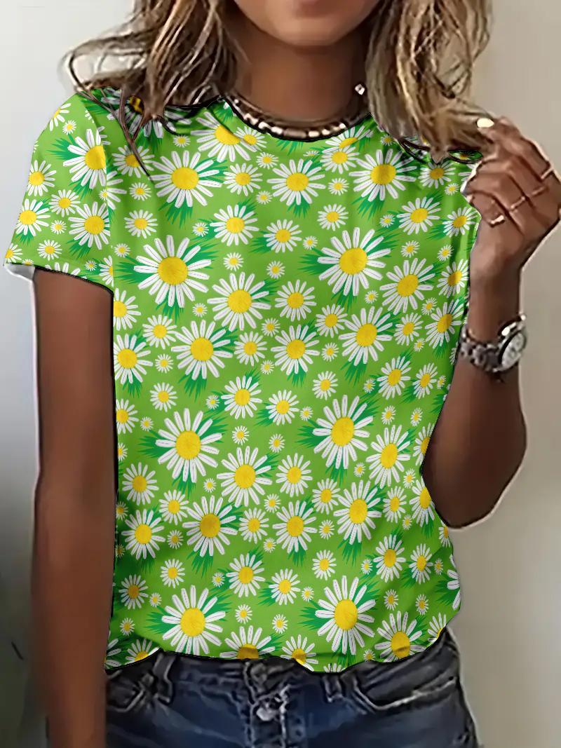 Hxtrovert 2025 New Summer T Shirts Casual Fashion Fresh Sweet Flower Print Women T shirt Loose Short Sleeve O-Neck Tees Shirts Girls Tops